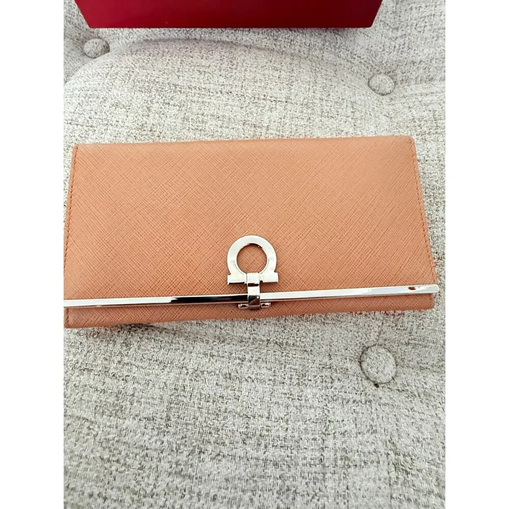 Salvatore Ferragamo Gancini Long Wallet – Beige Saffiano Leather Silver Hardware